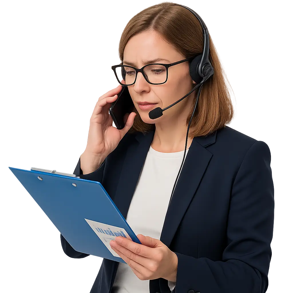 Consultora de CentralitasEmpresas.es analizando soluciones de telefonía Asesora de telefonía empresarial con auriculares revisando comparativa para cliente