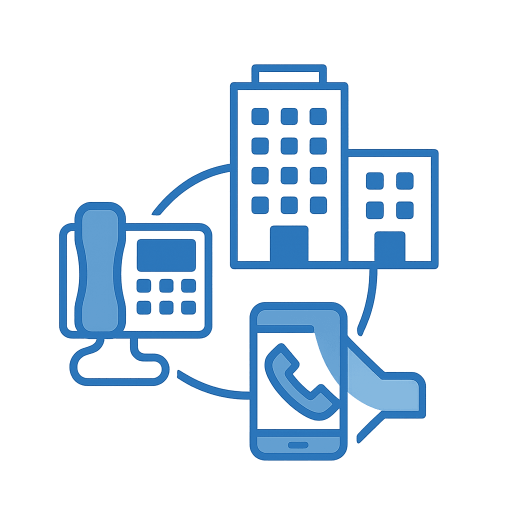 SOLUCIONES MULTISEDE UNIFICADAS Ilustración vectorial de centralita empresarial conectando múltiples sedes u oficinas