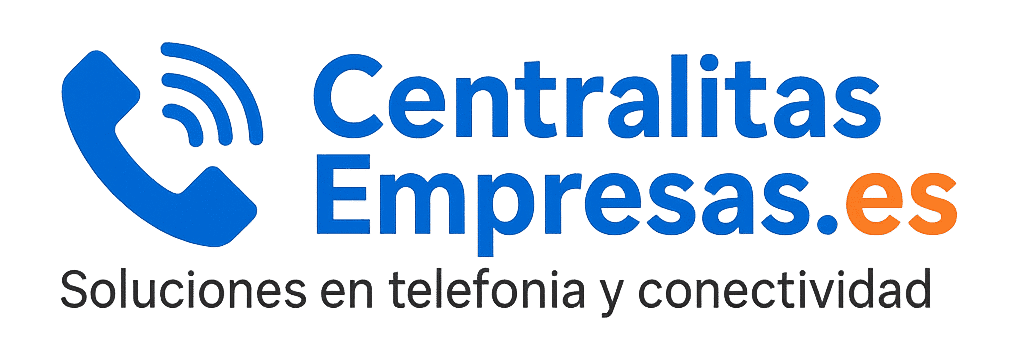 Logotipo de CentralitasEmpresas.es con icono de teléfono y ondas, nombre en azul y naranja, y eslogan “Soluciones en telefonía y conectividad para empresas”